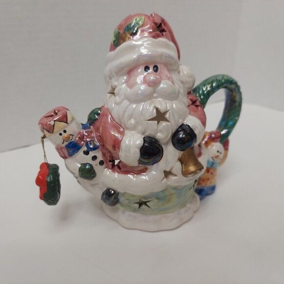 Vintage Santa Claus & Snowman Friends Pitcher Tea Light Candle Holder Metallic - Picture 3 of 14